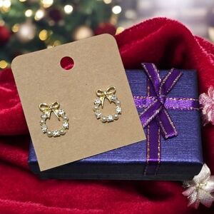 Wreath Gold-tone Faux Pearl and Rhinestone Bow Stud Earrings